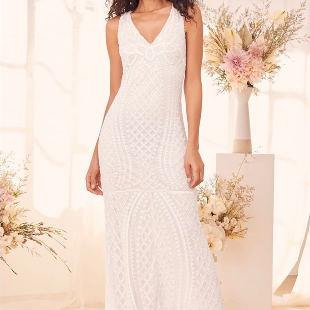 Alessandra White Beaded Sleeveless Mermaid Maxi